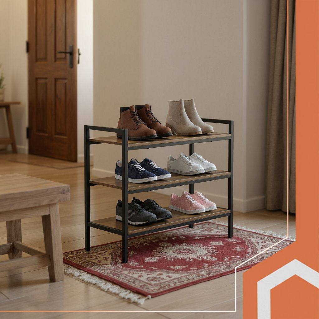Raft Pantofi Multifuncțional Stil Loft - Suport Metalic cu Polițe Lemn, 73 cm