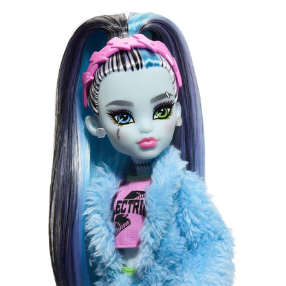 Papusa Monster High Frankie Stein - Creepover Party cu Accesorii si Animalut, 30 cm, Articulatii Mobile