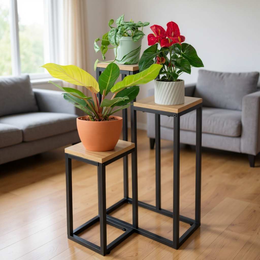 Suport metalic pentru flori cu 3 niveluri - pentru plante decorative în stil industrial, ideal pentru living, grădină, balcon sau hol