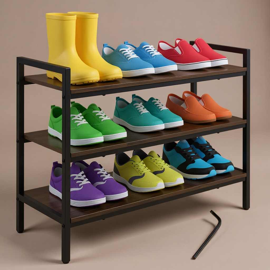 Raft Pantofi Multifuncțional Stil Loft - Suport Metalic cu Polițe Lemn, 73 cm