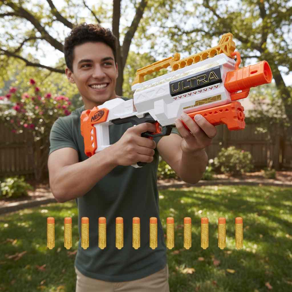 Blaster Nerf Ultra Aurit Motorizat – 36m, 12 Dartsuri, Ediție Specială
