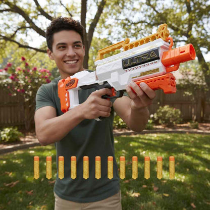 Blaster Nerf Ultra Aurit Motorizat – 36m, 12 Dartsuri, Ediție Specială