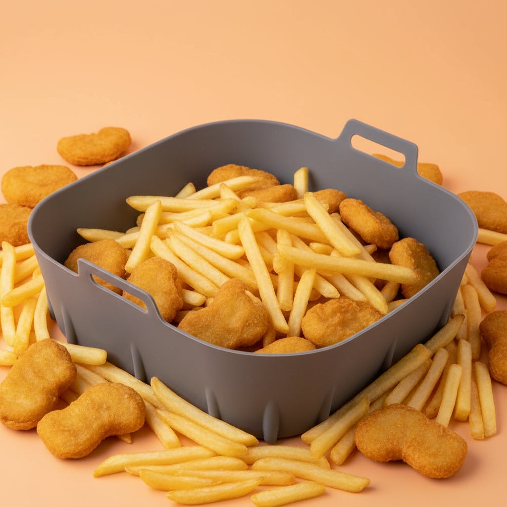Pachet Accesorii Bucătărie: Tavă Airfryer 20x20 cm + Termometru Carne + Presă Usturoi Fackelmann