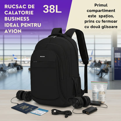 Rucsac de Călătorie Business 38L, ideal pentru Zboruri, Compatibil Laptop si Tableta, negru, dimensiuni 50 x 18 x 32 cm
