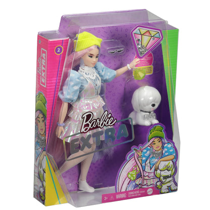 Păpușă Barbie Extra Style Beanie – 15 Piese, Rochie Holografică, Cățeluș