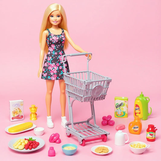 Set Joacă Barbie Supermarket – Păpușă + Coș + 20 Accesorii, 3+ Ani