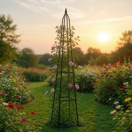 Pergola metalica piramidală pentru flori şi trandafiri cățărători – suport grădină robust, decorativ, rezistent la intemperii