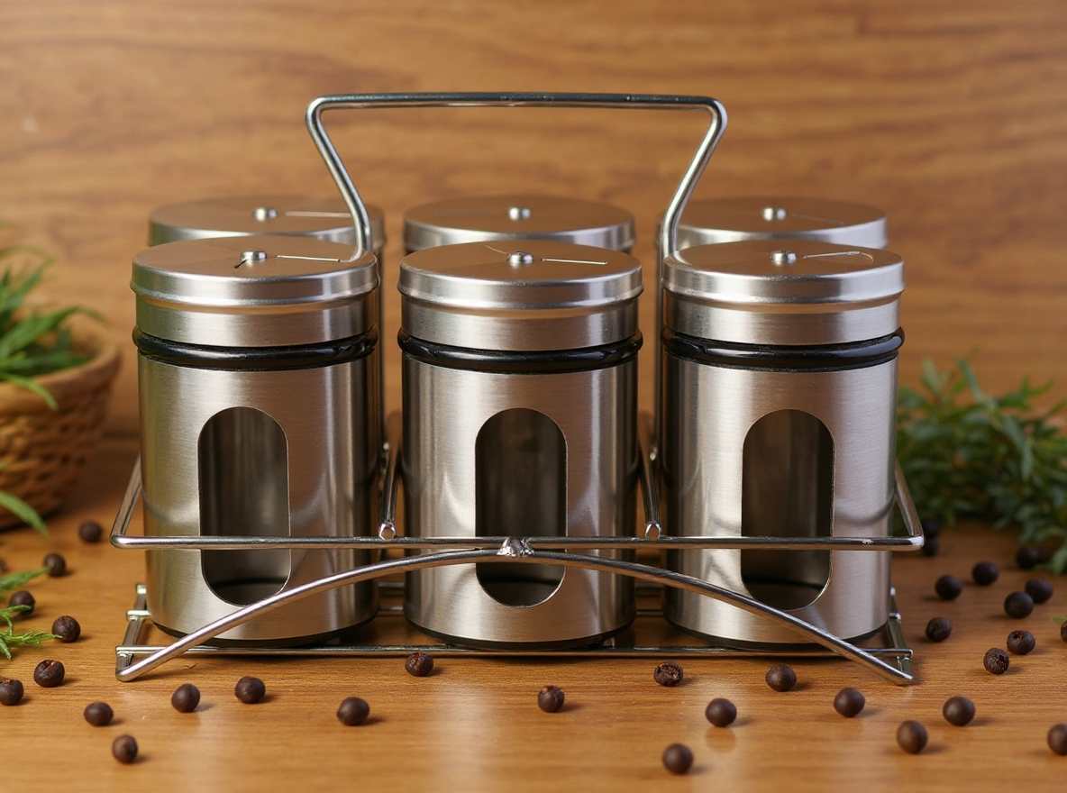 Set 6 borcane pentru condimente din inox şi sticlă cu suport organizator – set elegant pentru bucătărie, depozitare condimente