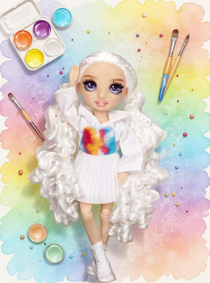 Papusa Rainbow High Watercolor & Create - Papusa personalizabila cu acuarele lavabile, par si haine colorabile, ochi mov, accesorii incluse