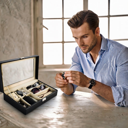 Cutie pentru depozitare 6 ceasuri si 3 ochelari, piele ecologica, pernite moi, neagra