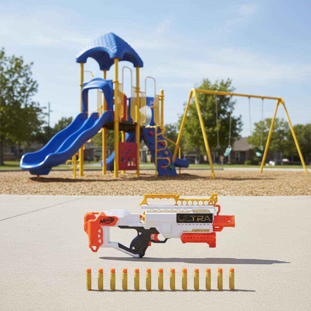 Blaster Nerf Ultra Aurit Motorizat – 36m, 12 Dartsuri, Ediție Specială