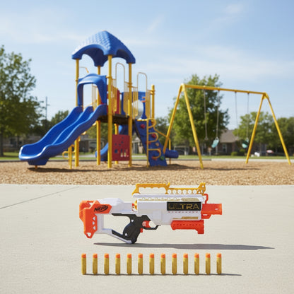 Blaster Nerf Ultra Aurit Motorizat – 36m, 12 Dartsuri, Ediție Specială