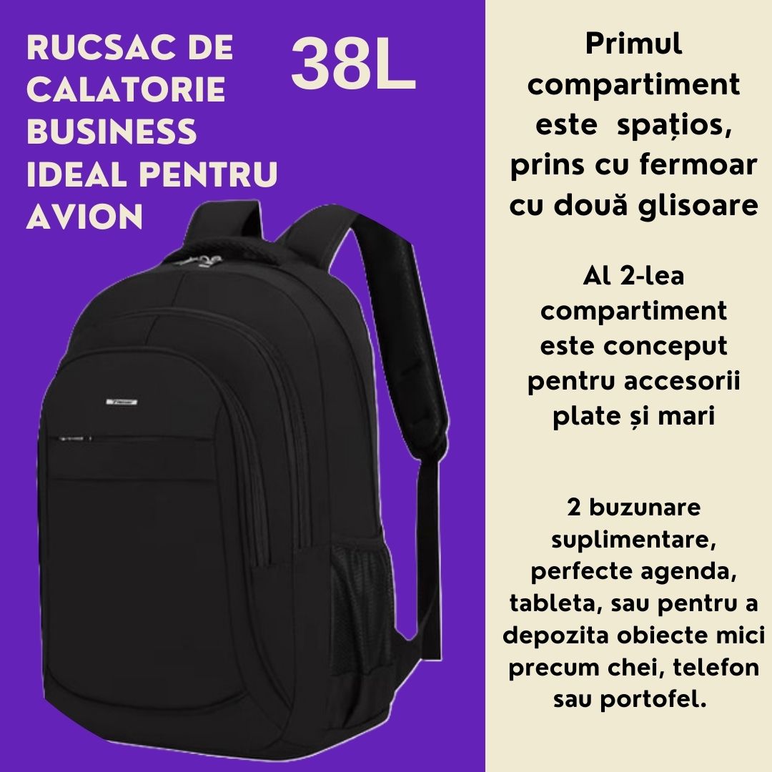 Rucsac de Călătorie Business 38L, ideal pentru Zboruri, Compatibil Laptop si Tableta, negru, dimensiuni 50 x 18 x 32 cm