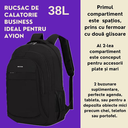 Rucsac de Călătorie Business 38L, ideal pentru Zboruri, Compatibil Laptop si Tableta, negru, dimensiuni 50 x 18 x 32 cm