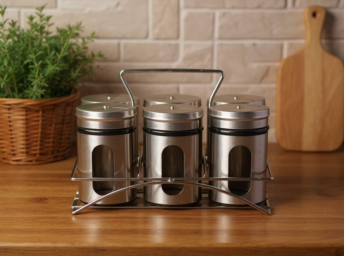 Set 6 borcane pentru condimente din inox şi sticlă cu suport organizator – set elegant pentru bucătărie, depozitare condimente