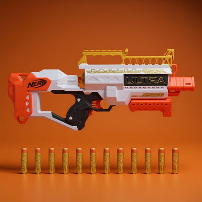 Blaster Nerf Ultra Aurit Motorizat – 36m, 12 Dartsuri, Ediție Specială