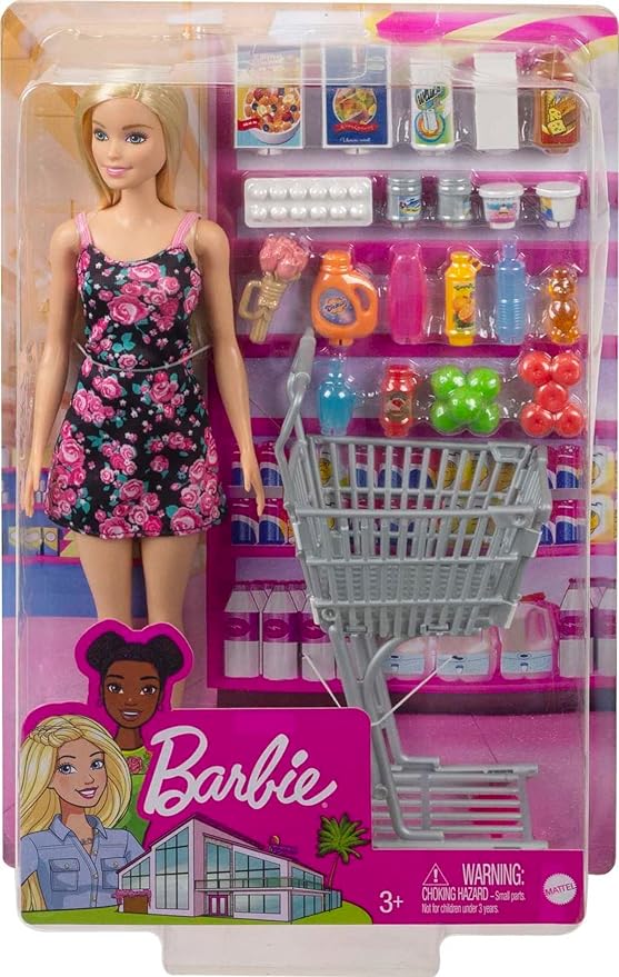 Set Joacă Barbie Supermarket – Păpușă + Coș + 20 Accesorii, 3+ Ani