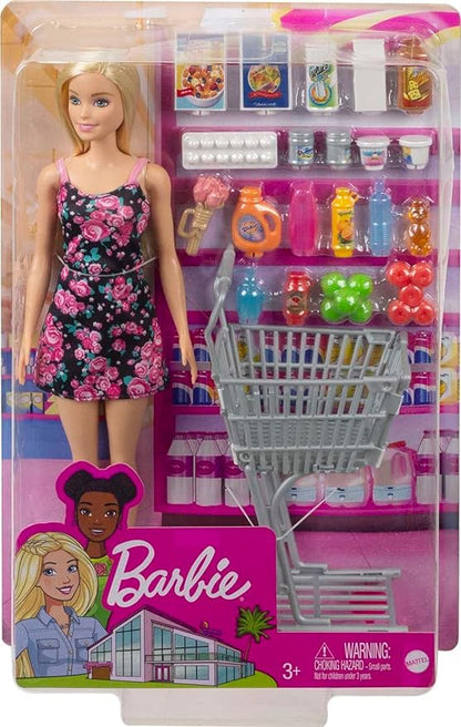 Set Joacă Barbie Supermarket – Păpușă + Coș + 20 Accesorii, 3+ Ani
