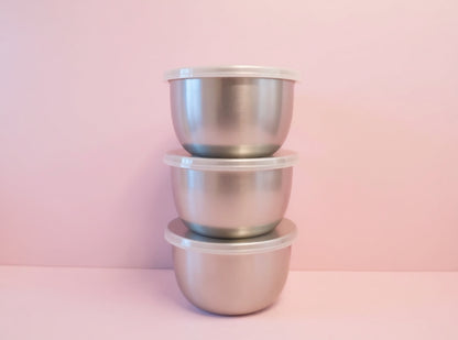 Set 3 boluri inox 8 cm cu capace – recipiente etanșe pentru depozitare, servire și preparare alimente