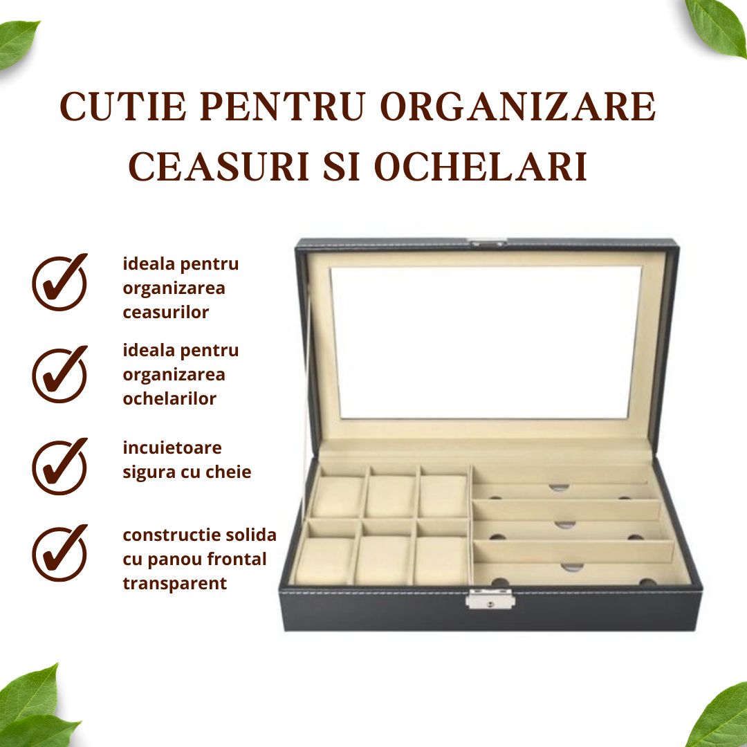 Cutie pentru depozitare 6 ceasuri si 3 ochelari, piele ecologica, pernite moi, neagra