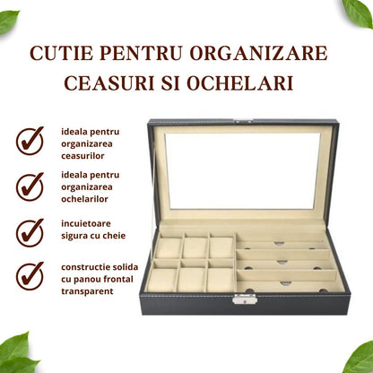 Cutie pentru depozitare 6 ceasuri si 3 ochelari, piele ecologica, pernite moi, neagra