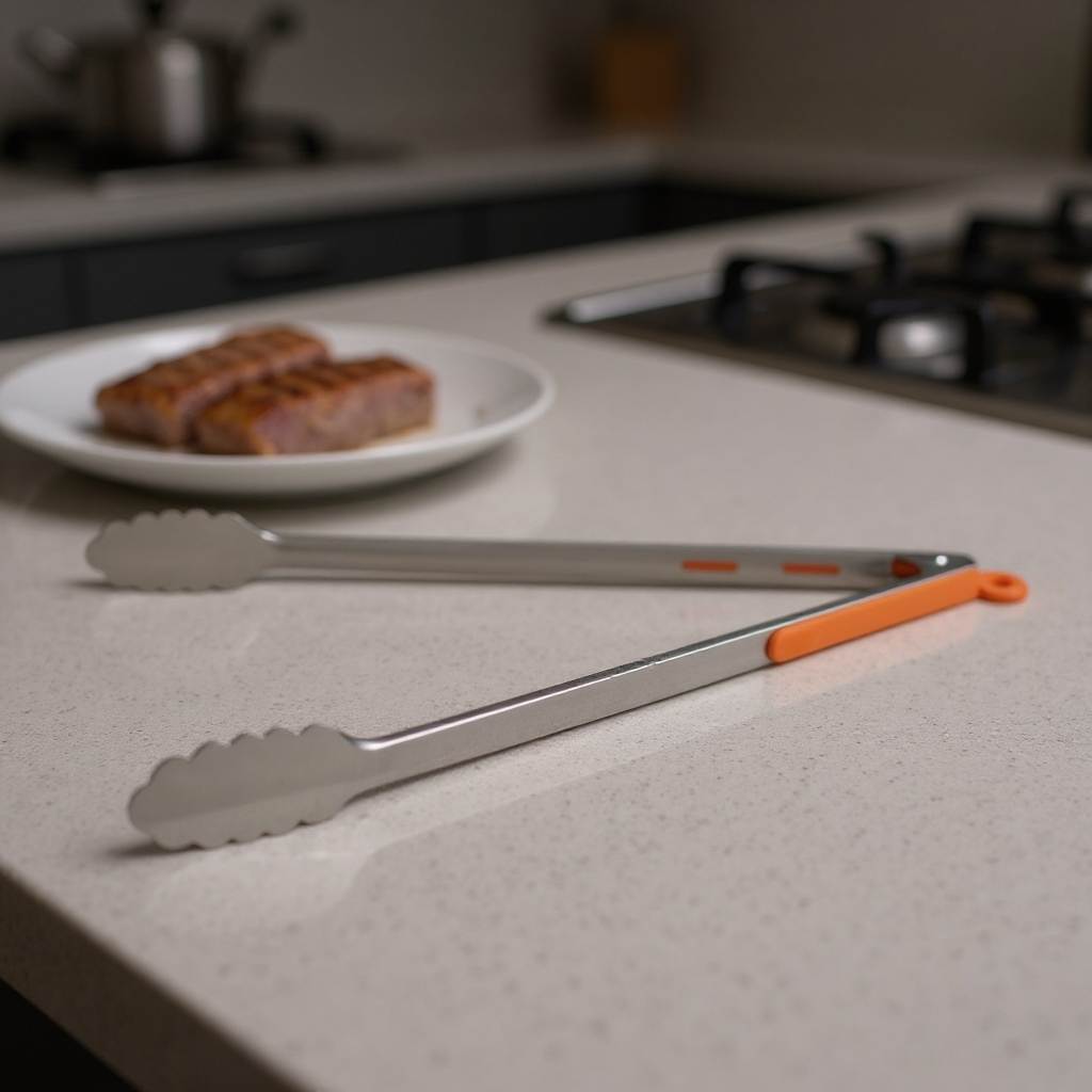 Cleste grătar inox 44 cm cu mâner silicon termorezistent – clește servire carne și salate, rezistent și ușor de curățat