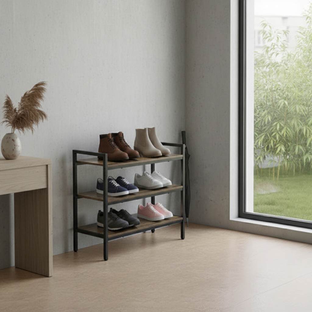 Raft Pantofi Multifuncțional Stil Loft - Suport Metalic cu Polițe Lemn, 73 cm