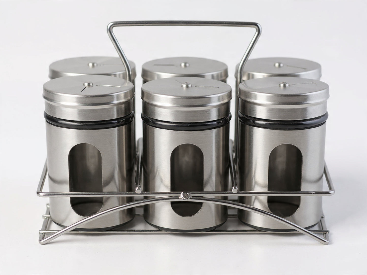 Set 6 borcane pentru condimente din inox şi sticlă cu suport organizator – set elegant pentru bucătărie, depozitare condimente