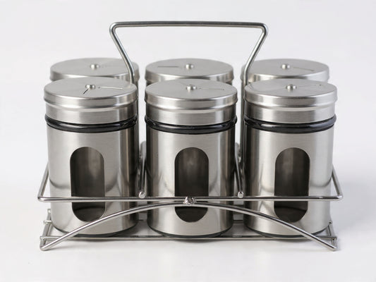 Set 6 borcane pentru condimente din inox şi sticlă cu suport organizator – set elegant pentru bucătărie, depozitare condimente