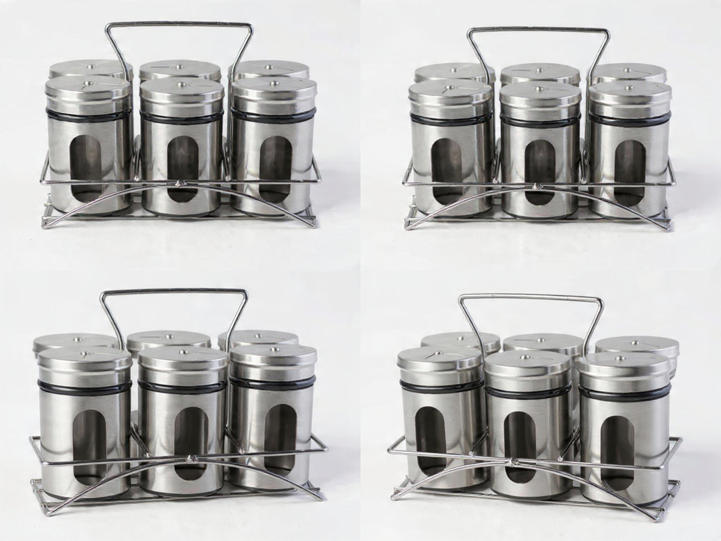 Set 6 borcane pentru condimente din inox şi sticlă cu suport organizator – set elegant pentru bucătărie, depozitare condimente