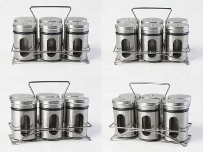 Set 6 borcane pentru condimente din inox şi sticlă cu suport organizator – set elegant pentru bucătărie, depozitare condimente