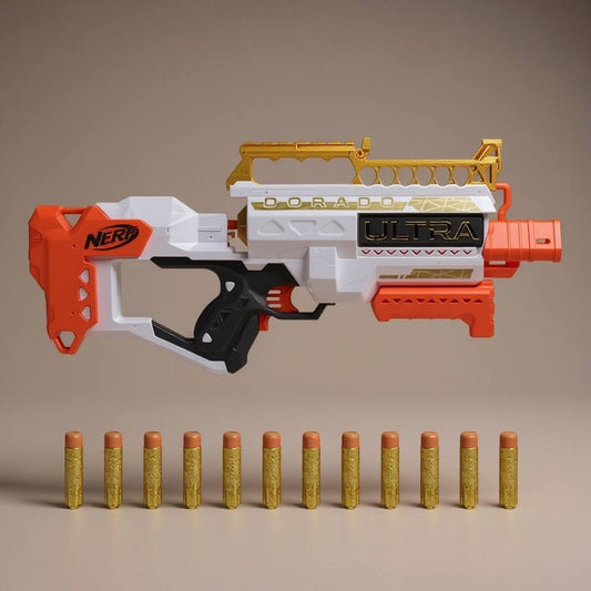 Blaster Nerf Ultra Aurit Motorizat – 36m, 12 Dartsuri, Ediție Specială