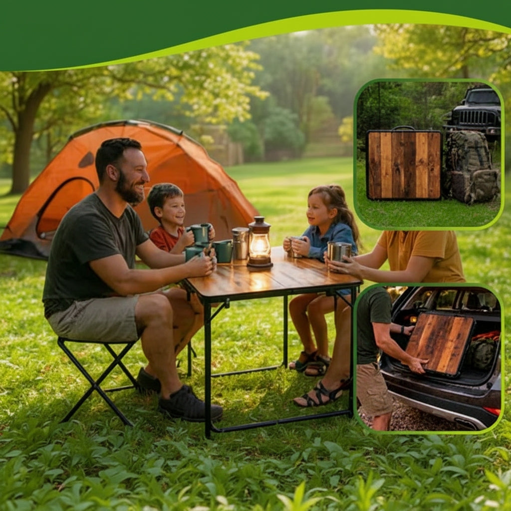 Set Camping Pliant – Masă tip Valiză + 4 Scaune, Reglabilă 3 Trepte, Blat MDF Aspect Lemn