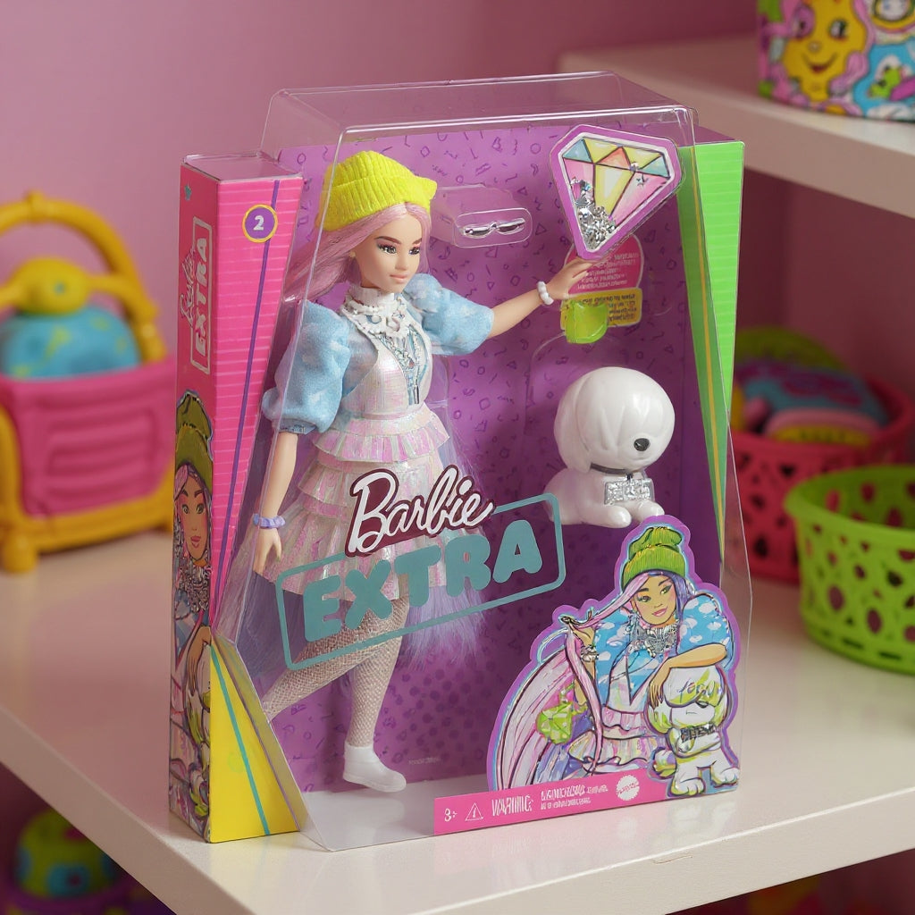 Păpușă Barbie Extra Style Beanie – 15 Piese, Rochie Holografică, Cățeluș