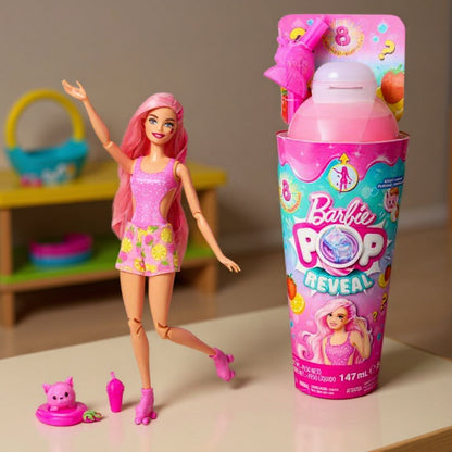 Păpușă Barbie Color Pop Reveal – 8 Surprize Senzoriale, Pahar cu Pai, 30 cm