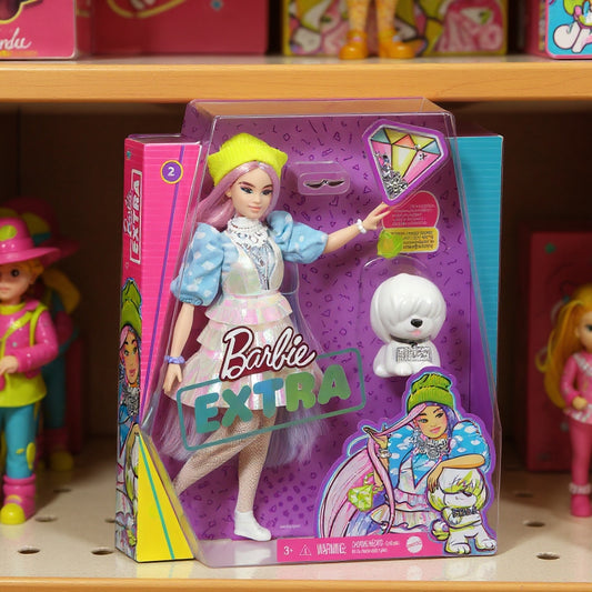 Barbie Extra Style Beanie Doll – 15 Pieces, Holographic Dress, Puppy