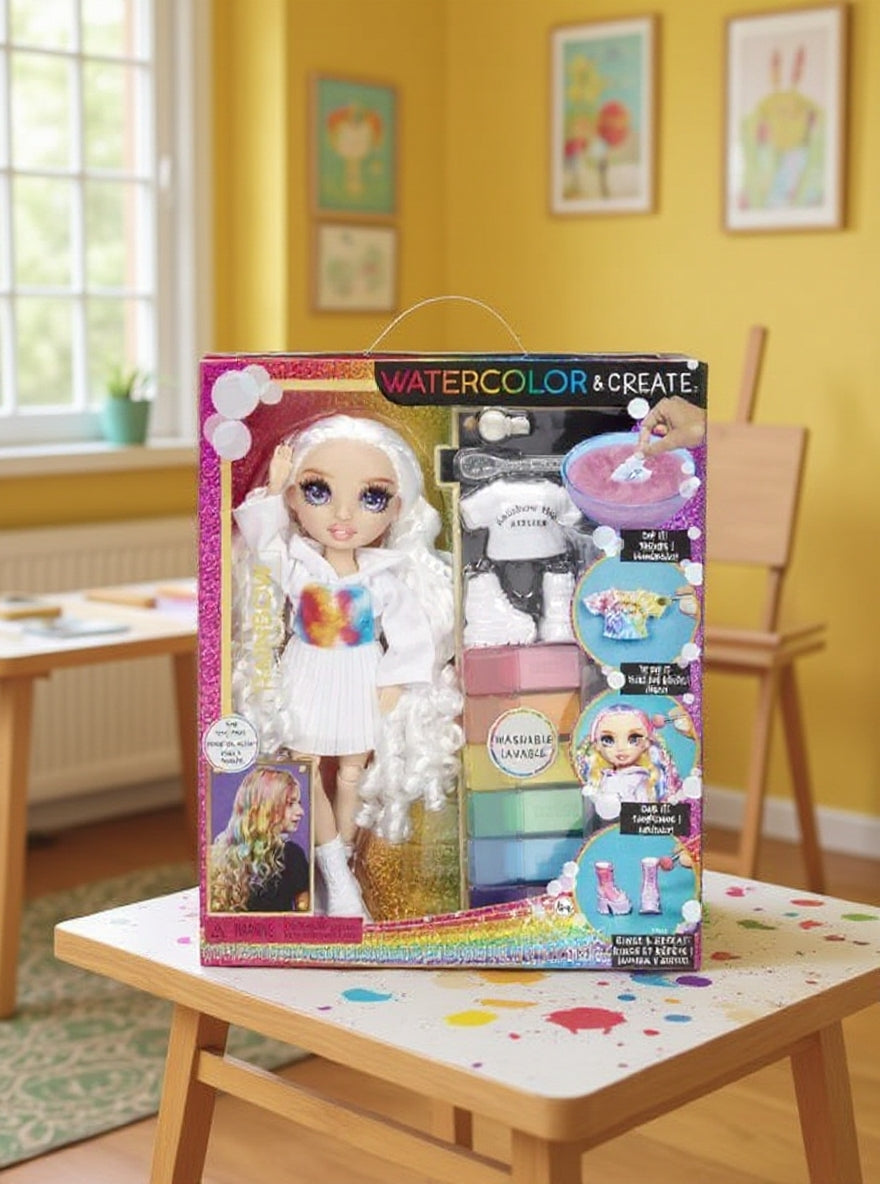 Papusa Rainbow High Watercolor & Create - Papusa personalizabila cu acuarele lavabile, par si haine colorabile, ochi mov, accesorii incluse