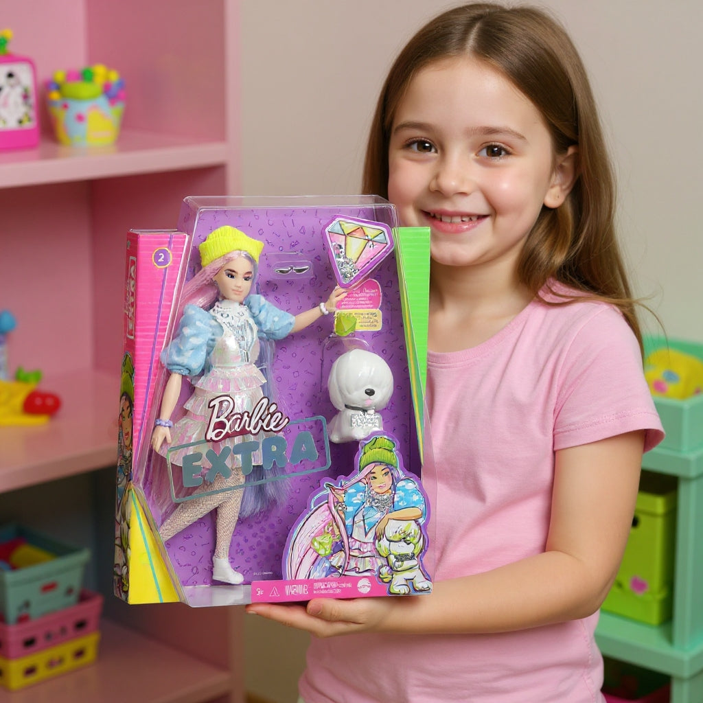 Păpușă Barbie Extra Style Beanie – 15 Piese, Rochie Holografică, Cățeluș