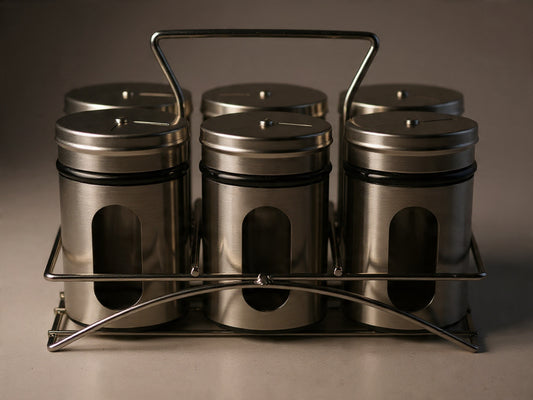 Set 6 borcane pentru condimente din inox şi sticlă cu suport organizator – set elegant pentru bucătărie, depozitare condimente
