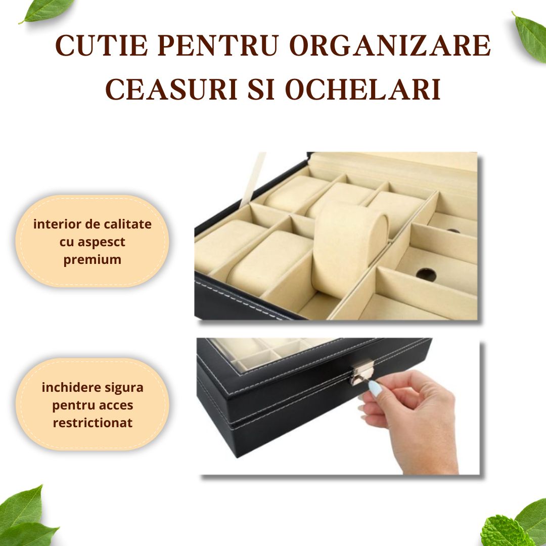 Cutie pentru depozitare 6 ceasuri si 3 ochelari, piele ecologica, pernite moi, neagra