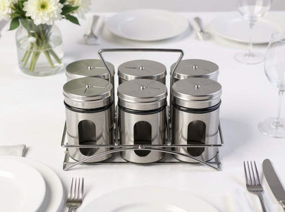 Set 6 borcane pentru condimente din inox şi sticlă cu suport organizator – set elegant pentru bucătărie, depozitare condimente