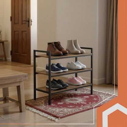 Raft Pantofi Multifuncțional Stil Loft - Suport Metalic cu Polițe Lemn, 73 cm