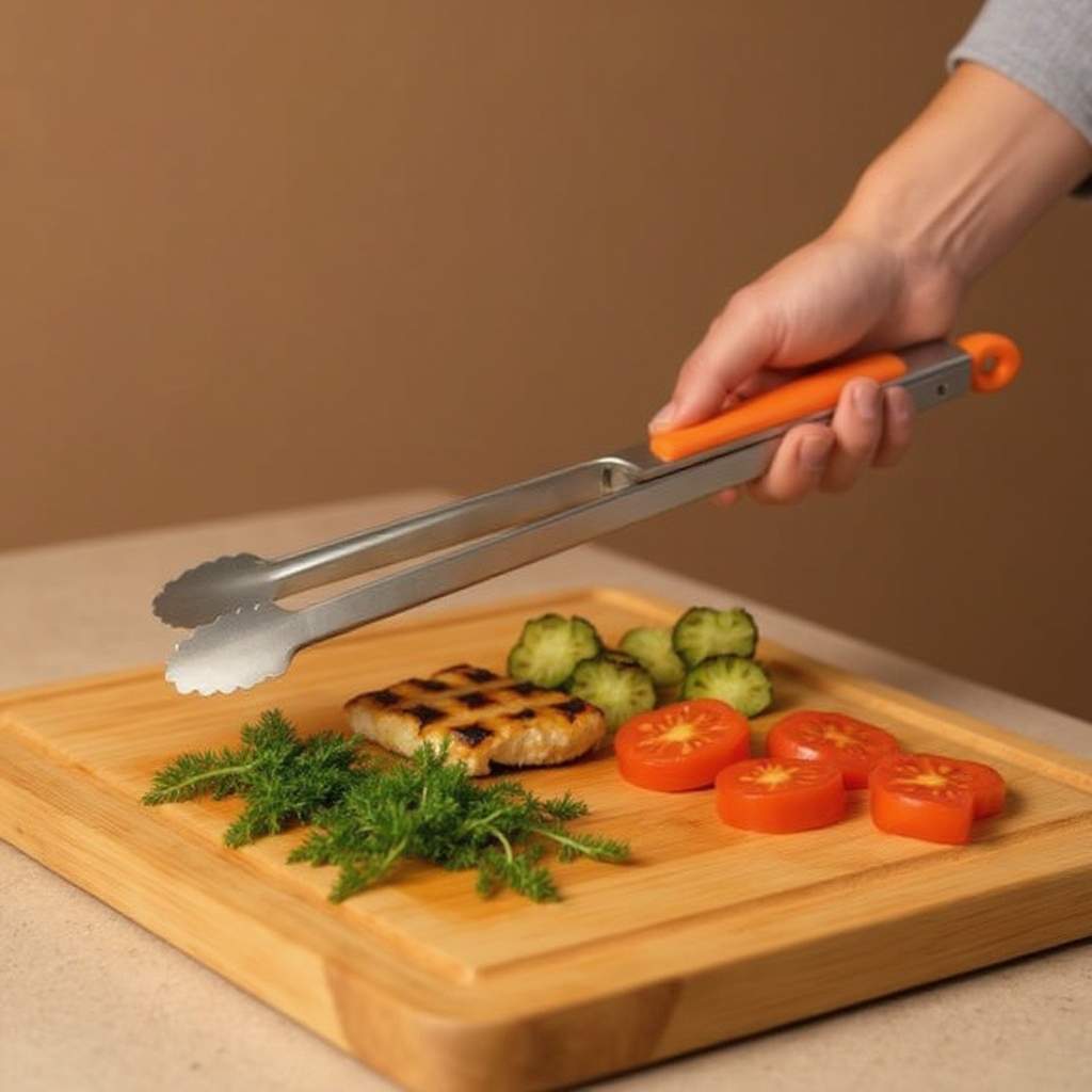 Cleste grătar inox 44 cm cu mâner silicon termorezistent – clește servire carne și salate, rezistent și ușor de curățat