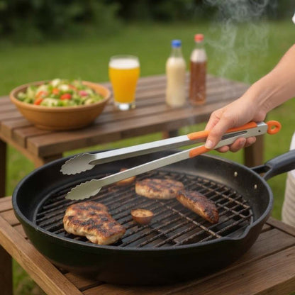 Cleste grătar inox 44 cm cu mâner silicon termorezistent – clește servire carne și salate, rezistent și ușor de curățat