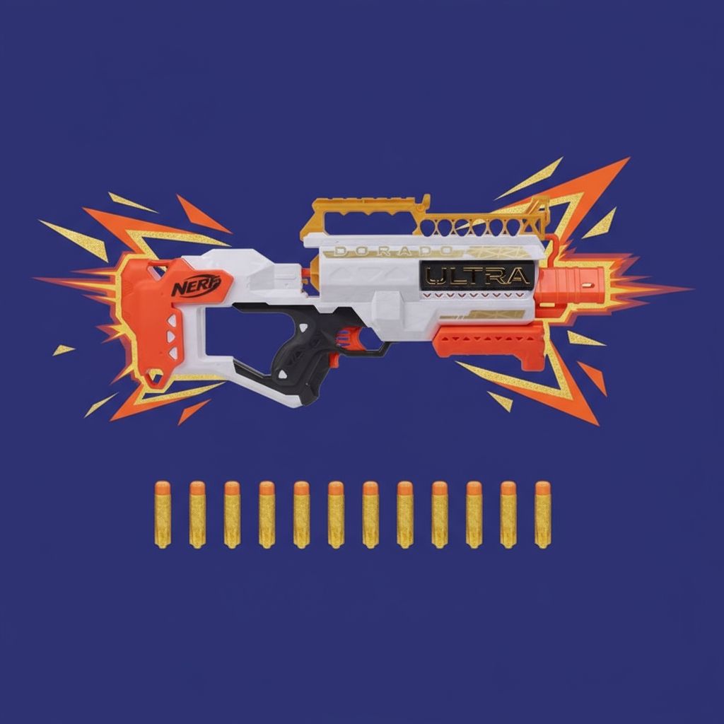 Blaster Nerf Ultra Aurit Motorizat – 36m, 12 Dartsuri, Ediție Specială