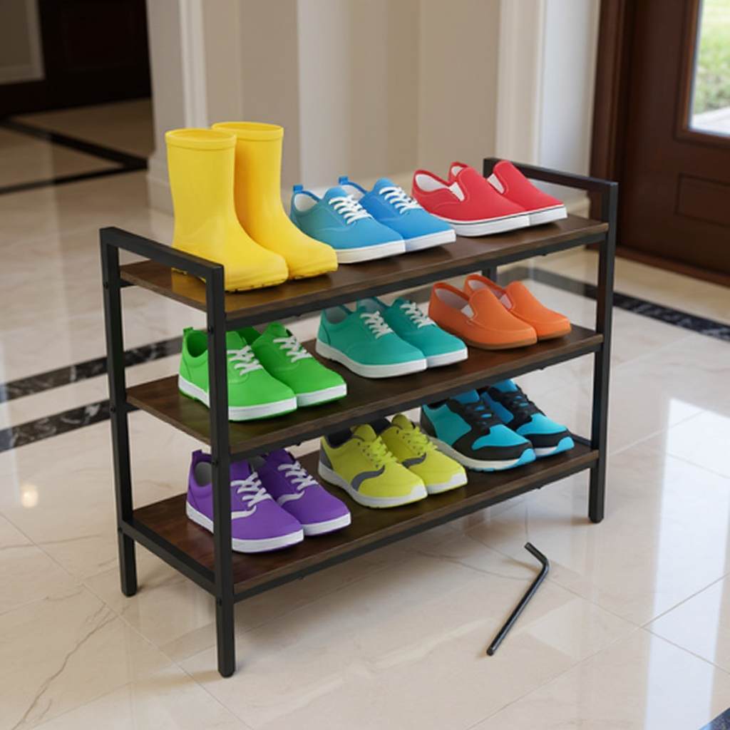 Raft Pantofi Multifuncțional Stil Loft - Suport Metalic cu Polițe Lemn, 73 cm
