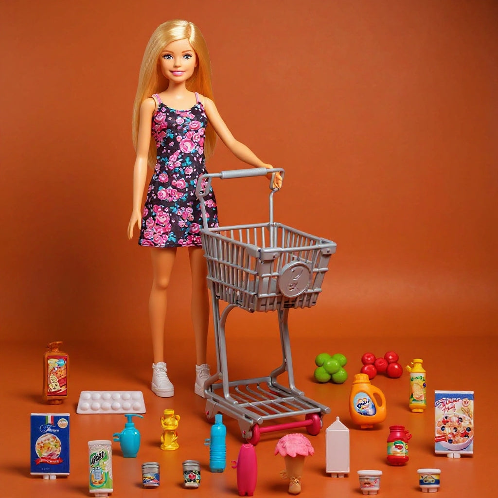 Set Joacă Barbie Supermarket – Păpușă + Coș + 20 Accesorii, 3+ Ani