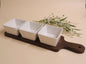 Set servire 3 castronașe 9 cm cu tavă bambus — boluri mici pentru sosuri, gustări și condimente, design natural, ideal pentru servire la masă și petreceri