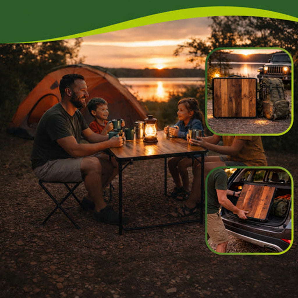 Set Camping Pliant – Masă tip Valiză + 4 Scaune, Reglabilă 3 Trepte, Blat MDF Aspect Lemn
