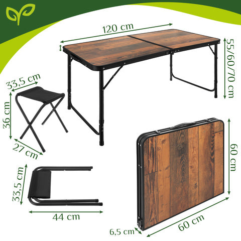 Set Camping Pliant – Masă tip Valiză + 4 Scaune, Reglabilă 3 Trepte, Blat MDF Aspect Lemn